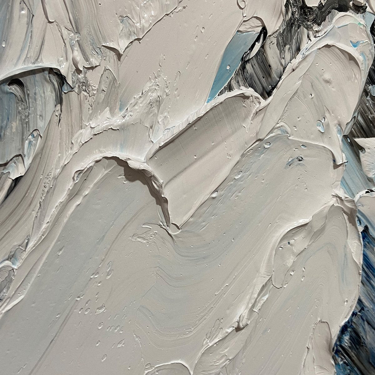 Ascent hand-painted white, soft grey and slate blue textured mountain landscape painting shown with wood frame