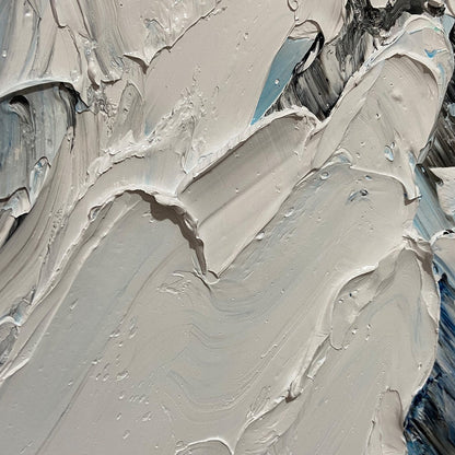 Ascent hand-painted white, soft grey and slate blue textured mountain landscape painting shown with wood frame
