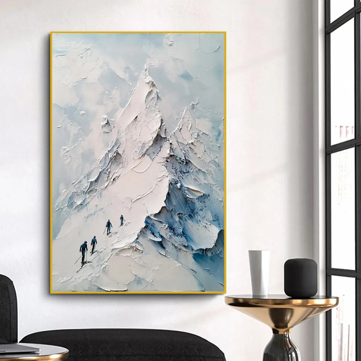 Ascent hand-painted white, soft grey and slate blue textured mountain landscape painting rolled canvas option