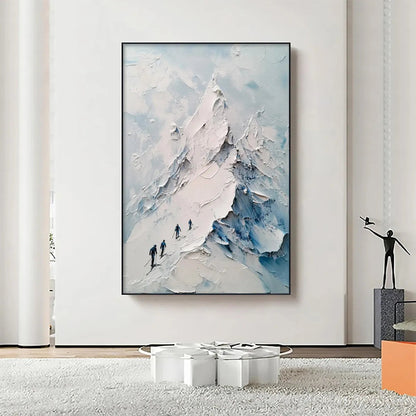 Ascent hand-painted white, soft grey and slate blue textured mountain landscape painting shown as stretched canvas