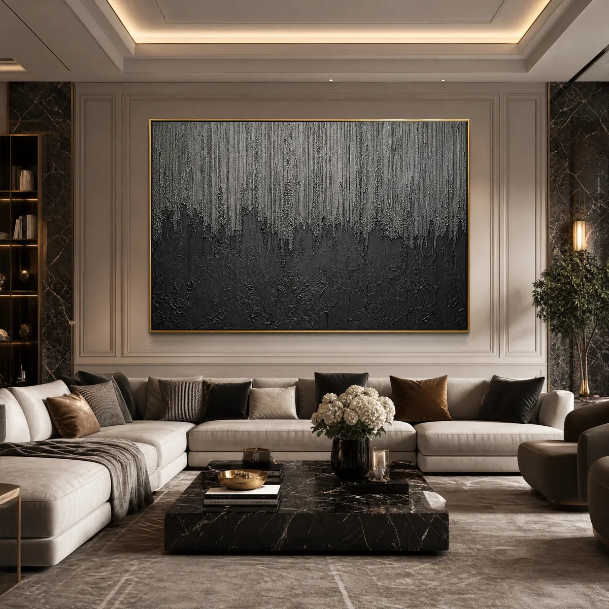 Silver and Grey Wabi-Sabi Landscape Impasto Oil Painting – Ashen Cascade