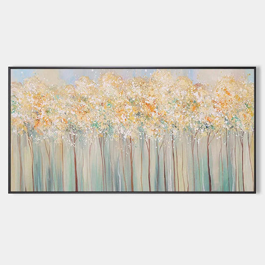 Aspen Glow hand-painted forest green, soft grey and warm earth tones textured forest landscape painting rolled canvas option