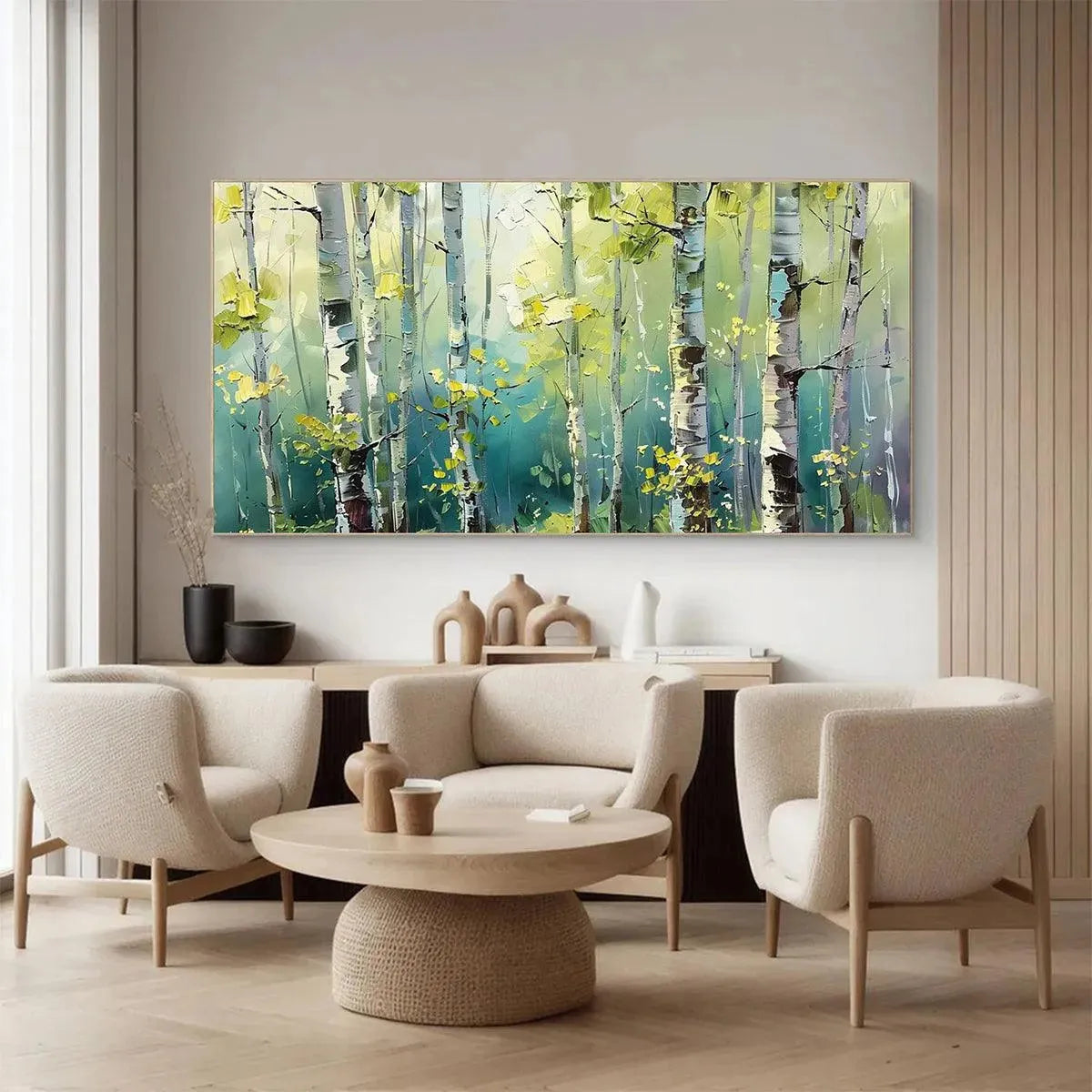 Aspen Grove hand-painted green and yellow textured forest landscape painting shown with white frame