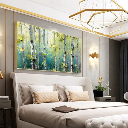 Aspen Grove hand-painted green and yellow textured forest landscape painting shown with black frame