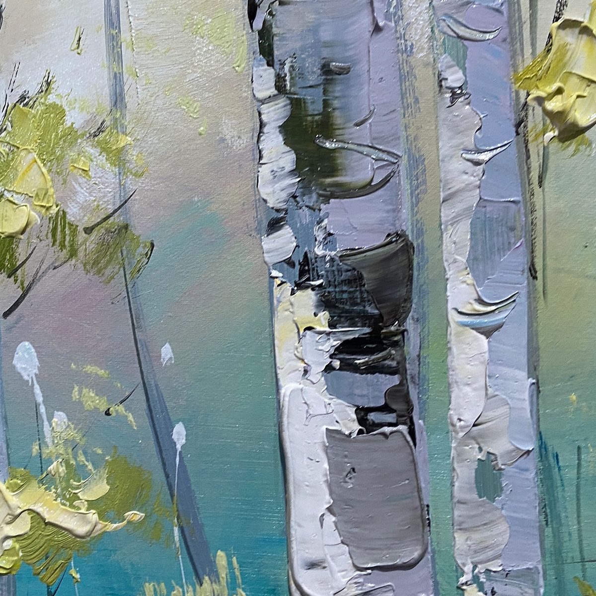 Aspen Grove hand-painted green and yellow textured forest landscape painting shown with wood frame
