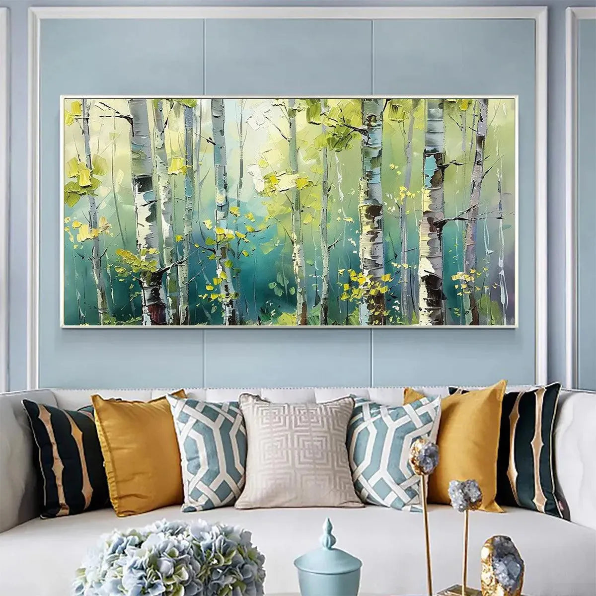 Aspen Grove hand-painted green and yellow textured forest landscape painting shown as stretched canvas