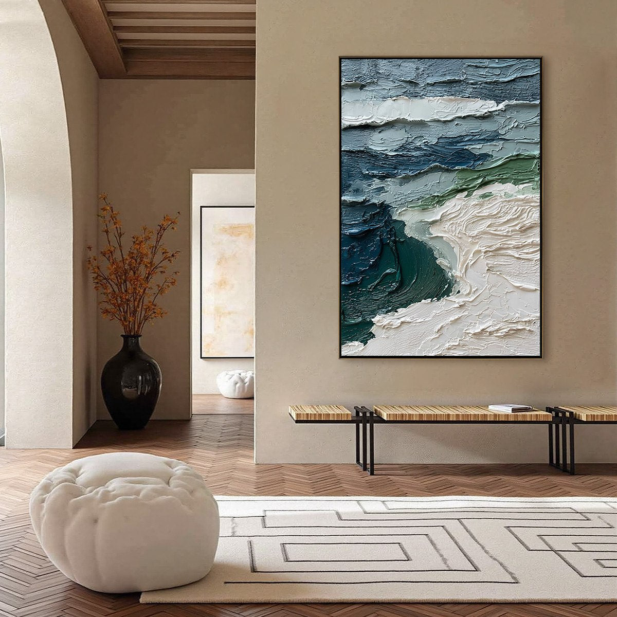 Atlantic Crest hand-painted ocean blue, ivory and soft neutral tones textured ocean wave painting shown with silver frame