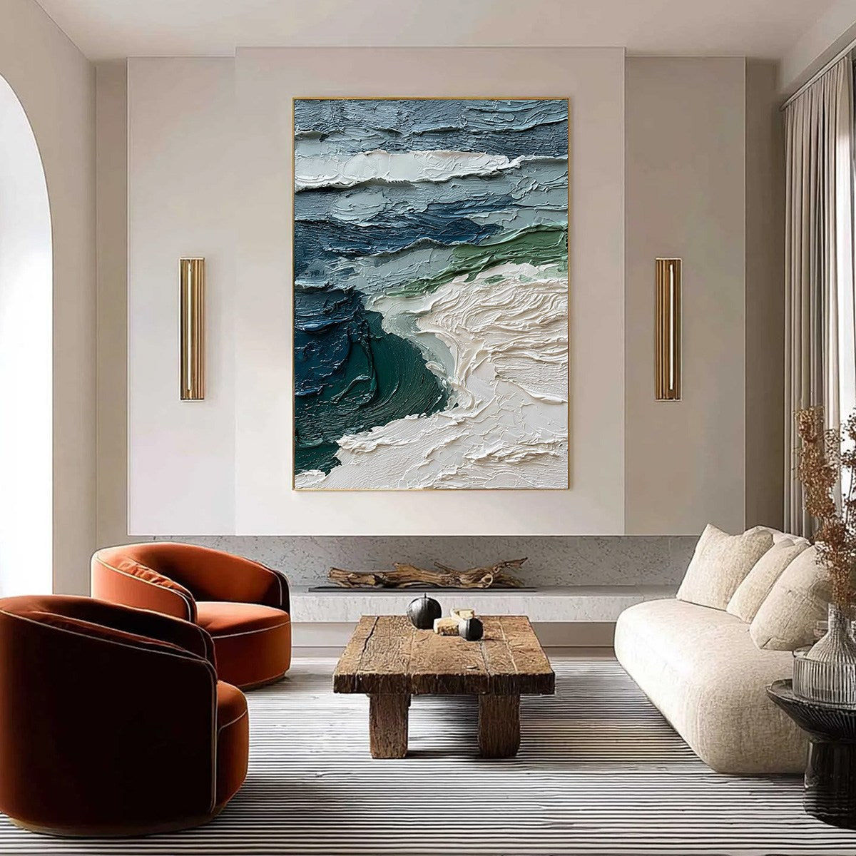 Atlantic Crest hand-painted ocean blue, ivory and soft neutral tones textured ocean wave painting shown as stretched canvas