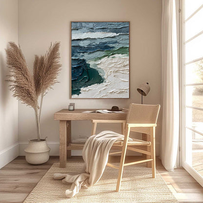 Atlantic Crest hand-painted ocean blue, ivory and soft neutral tones textured ocean wave painting shown with black frame
