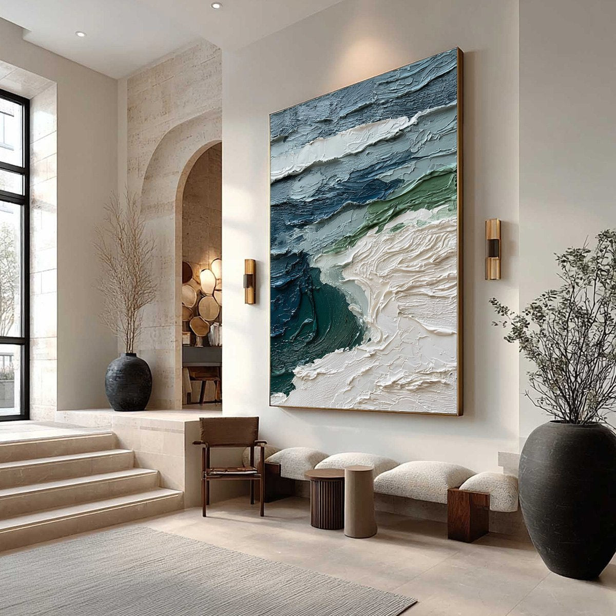 Atlantic Crest hand-painted ocean blue, ivory and soft neutral tones textured ocean wave painting shown with wood frame