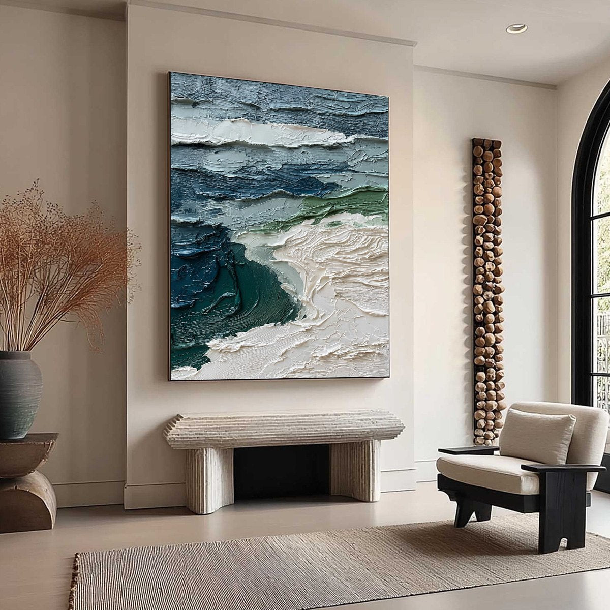 Atlantic Crest hand-painted ocean blue, ivory and soft neutral tones textured ocean wave painting rolled canvas option