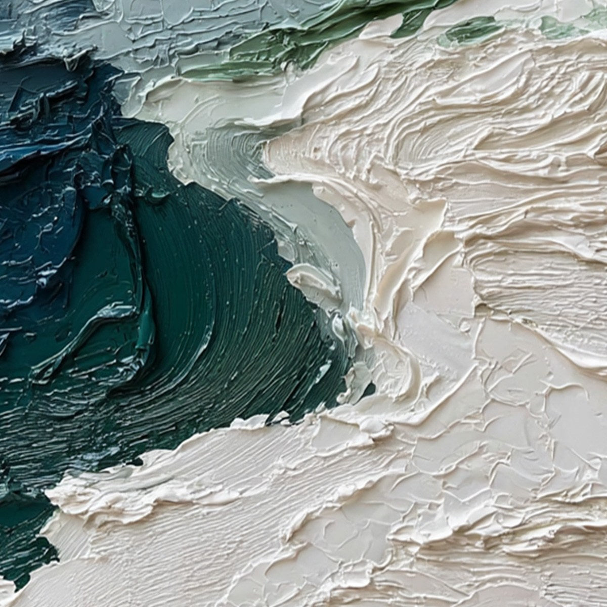 Atlantic Crest hand-painted ocean blue, ivory and soft neutral tones textured ocean wave painting shown with gold frame