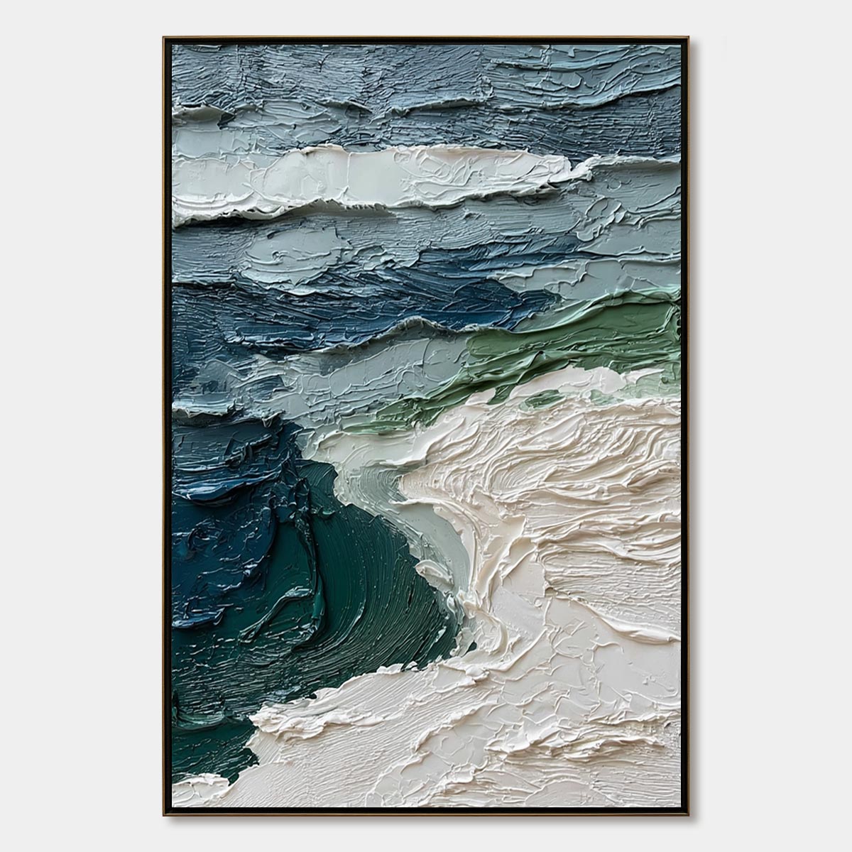 Atlantic Crest hand-painted ocean blue, ivory and soft neutral tones textured ocean wave painting rolled canvas option