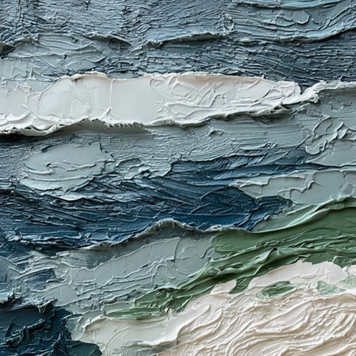 Atlantic Crest hand-painted ocean blue, ivory and soft neutral tones textured ocean wave painting shown with white frame