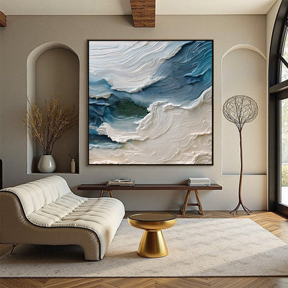 Atlantic Swell hand-painted ocean blue, ivory and soft neutral tones textured ocean wave painting shown with silver frame