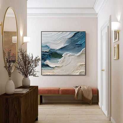 Atlantic Swell hand-painted ocean blue, ivory and soft neutral tones textured ocean wave painting shown with black frame