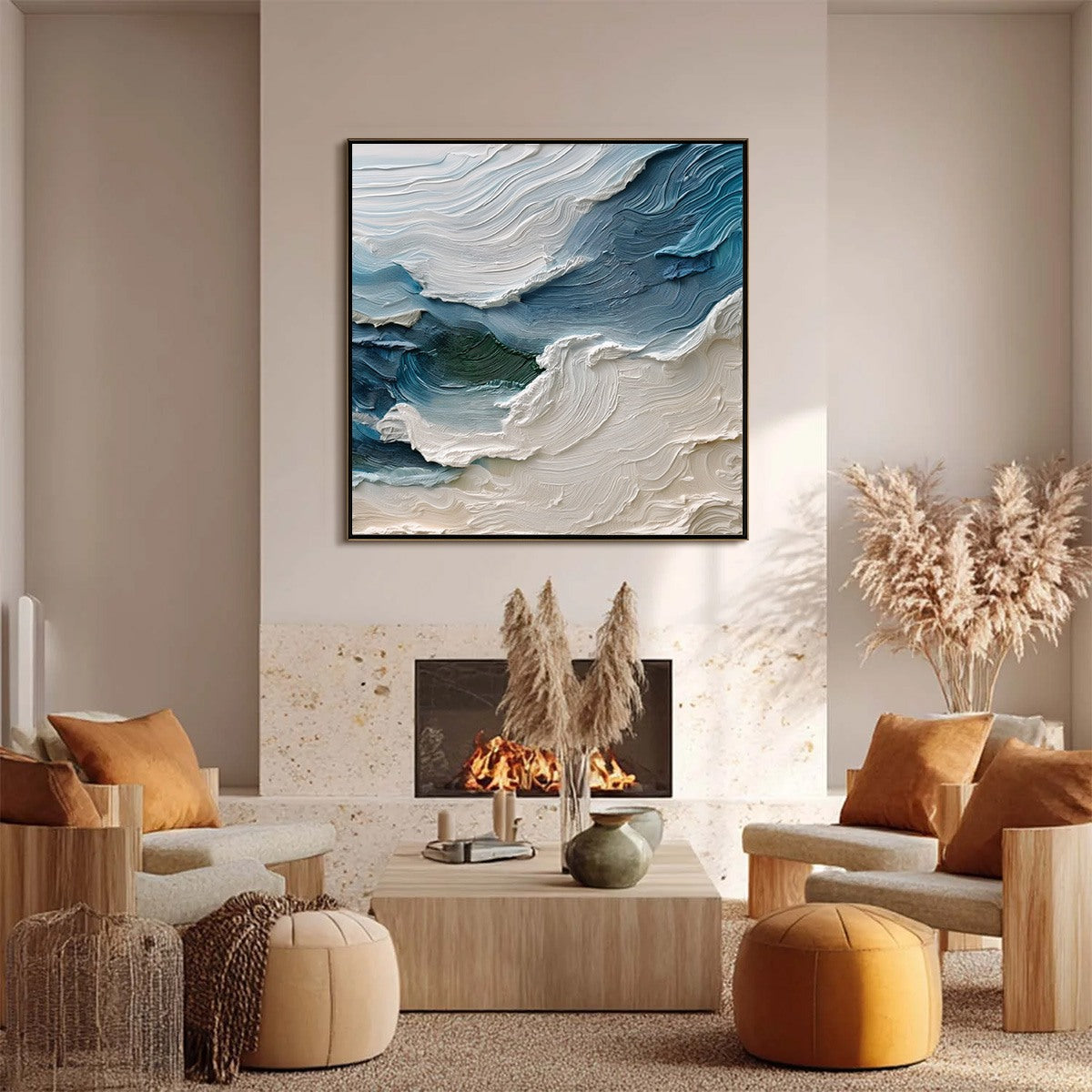 Atlantic Swell hand-painted ocean blue, ivory and soft neutral tones textured ocean wave painting shown as stretched canvas