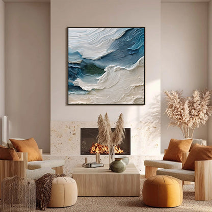 Atlantic Swell hand-painted ocean blue, ivory and soft neutral tones textured ocean wave painting shown as stretched canvas