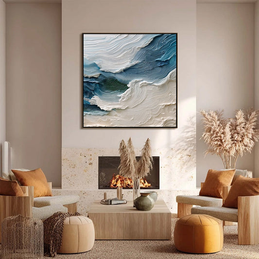Atlantic Swell hand-painted ocean blue, ivory and soft neutral tones textured ocean wave painting shown as stretched canvas