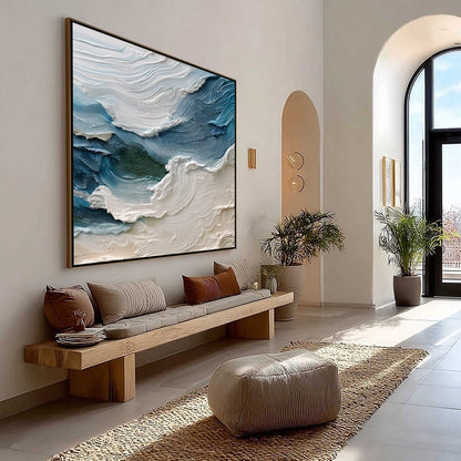 Atlantic Swell hand-painted ocean blue, ivory and soft neutral tones textured ocean wave painting shown with wood frame