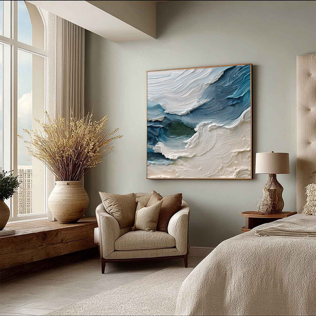 Atlantic Swell hand-painted ocean blue, ivory and soft neutral tones textured ocean wave painting rolled canvas option