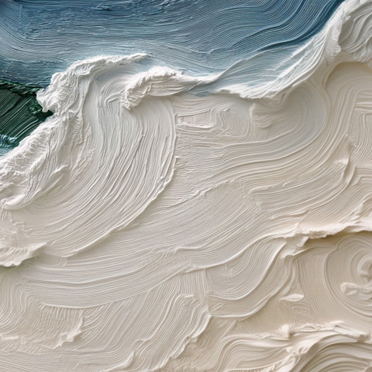 Atlantic Swell hand-painted ocean blue, ivory and soft neutral tones textured ocean wave painting shown with gold frame