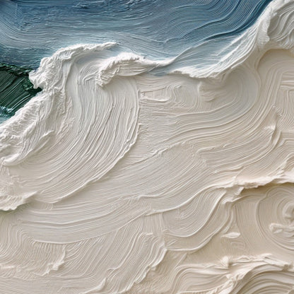 Atlantic Swell hand-painted ocean blue, ivory and soft neutral tones textured ocean wave painting shown with gold frame