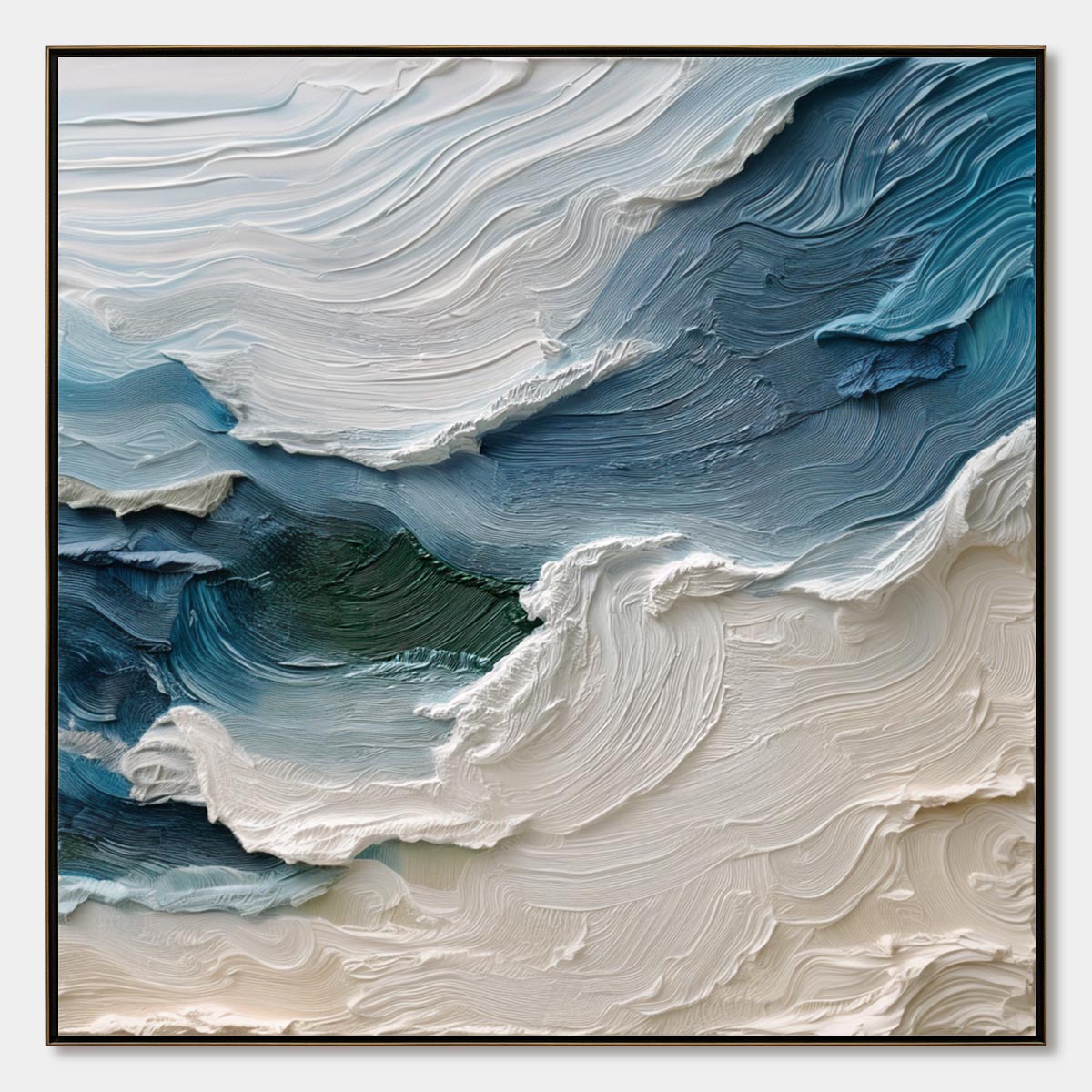 Atlantic Swell hand-painted ocean blue, ivory and soft neutral tones textured ocean wave painting rolled canvas option