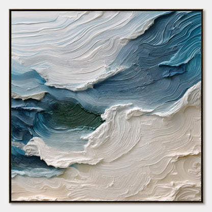 Atlantic Swell hand-painted ocean blue, ivory and soft neutral tones textured ocean wave painting rolled canvas option