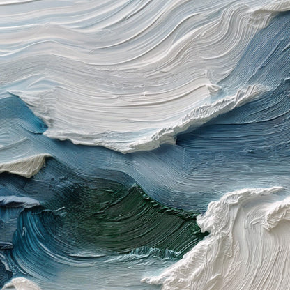 Atlantic Swell hand-painted ocean blue, ivory and soft neutral tones textured ocean wave painting shown with white frame