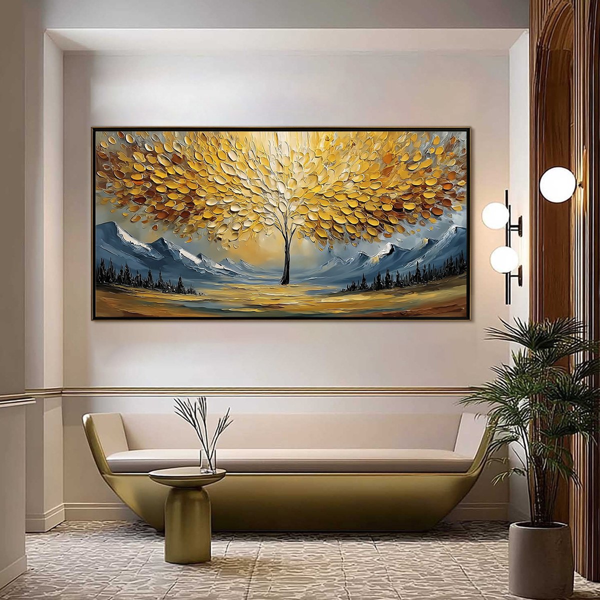 Aura of Gold hand-painted gold and ivory textured tree of life painting shown as stretched canvas