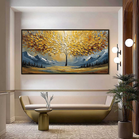 Aura of Gold hand-painted gold and ivory textured tree of life painting shown as stretched canvas