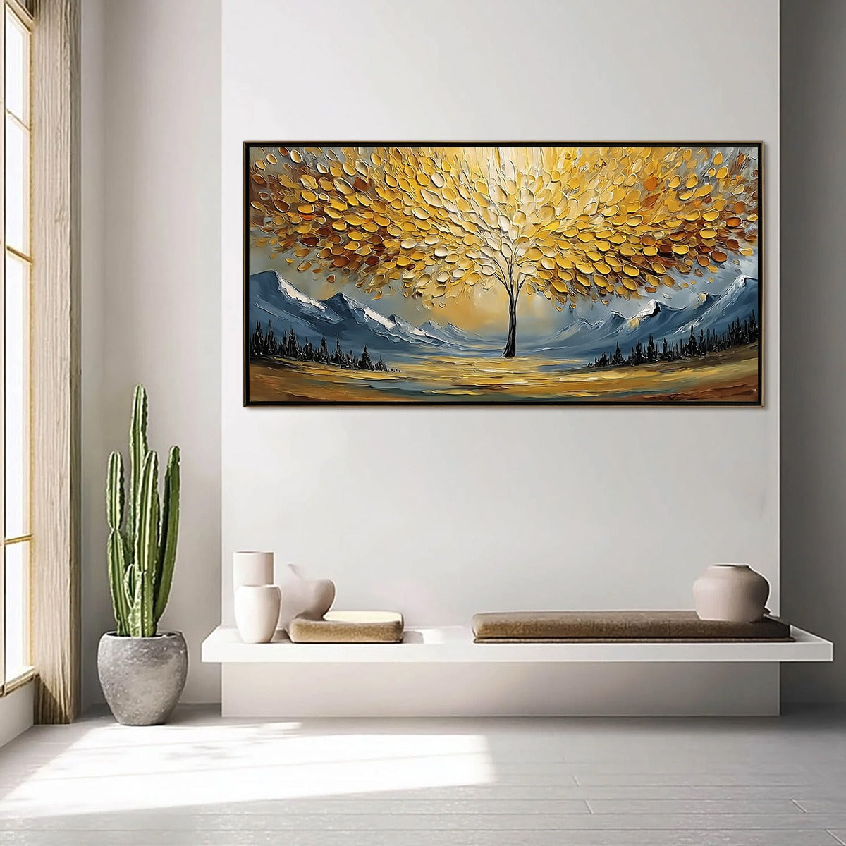 Aura of Gold hand-painted gold and ivory textured tree of life painting shown with silver frame