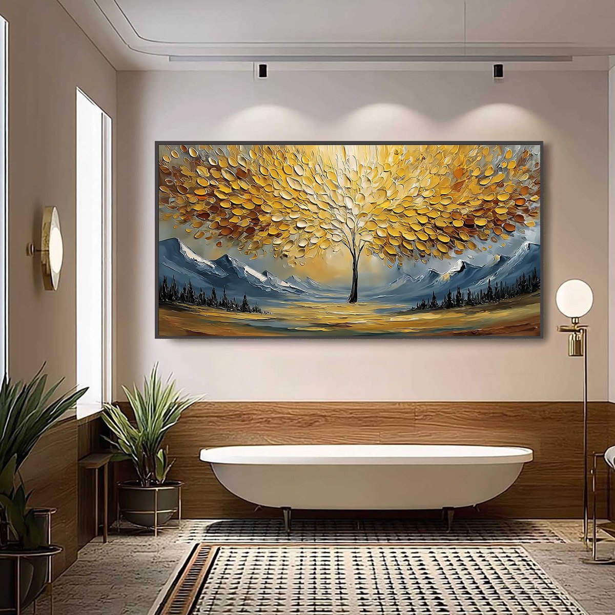 Aura of Gold hand-painted gold and ivory textured tree of life painting shown with black frame