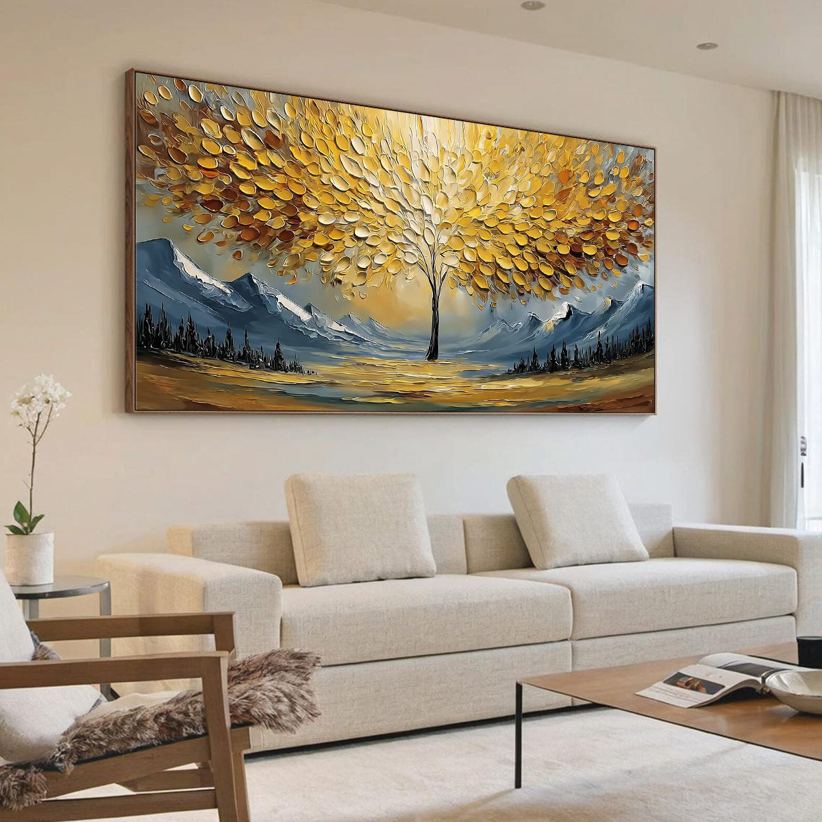 Aura of Gold hand-painted gold and ivory textured tree of life painting shown with wood frame