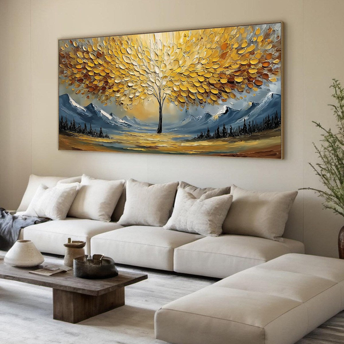 Aura of Gold hand-painted gold and ivory textured tree of life painting rolled canvas option