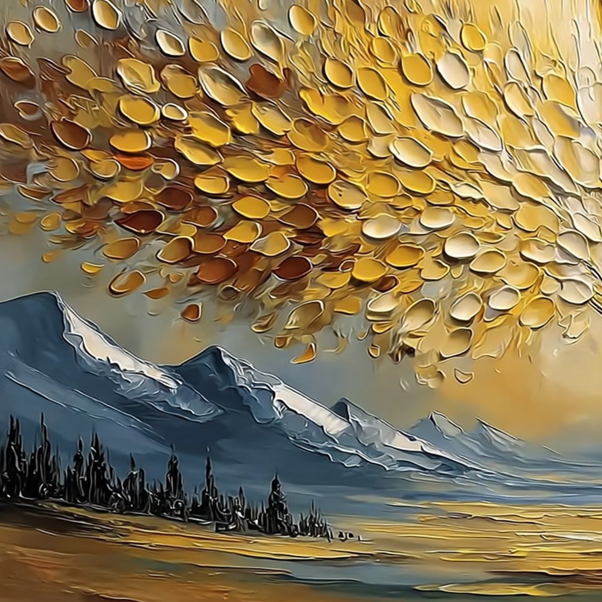 Aura of Gold hand-painted gold and ivory textured tree of life painting shown with gold frame