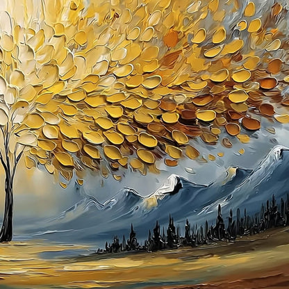 Aura of Gold hand-painted gold and ivory textured tree of life painting shown with white frame