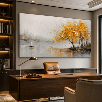 Autumn Lake Tree hand-painted gold and ivory textured tree painting