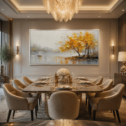 Autumn Lake Tree hand-painted gold and ivory textured tree painting