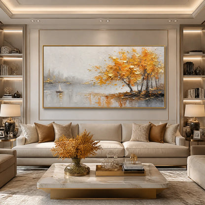Autumn Lake Tree hand-painted gold and ivory textured tree painting