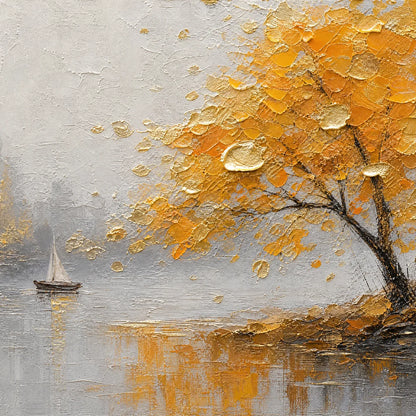 Autumn Lake Tree hand-painted gold and ivory textured tree painting