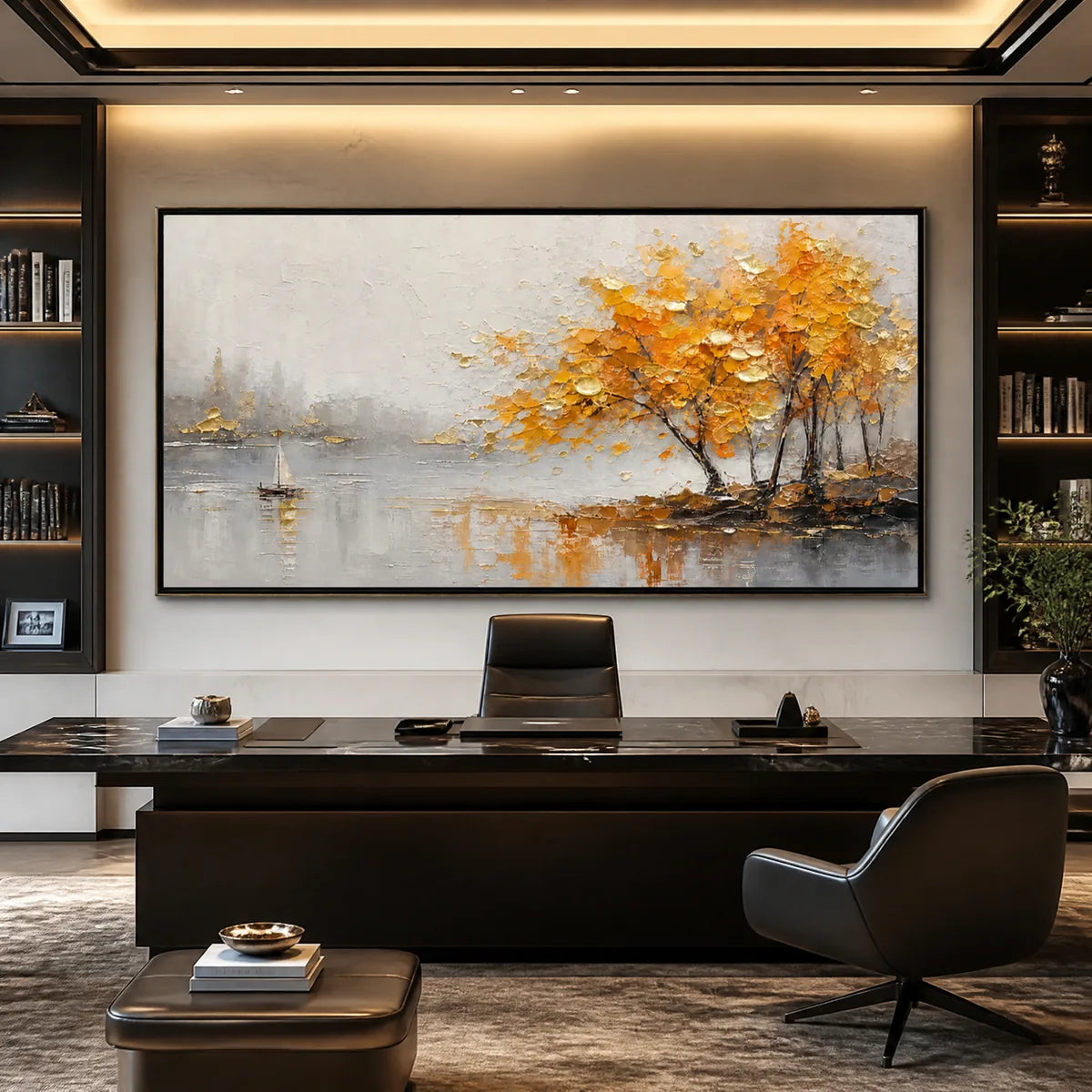 Autumn Lake Tree hand-painted gold and ivory textured tree painting