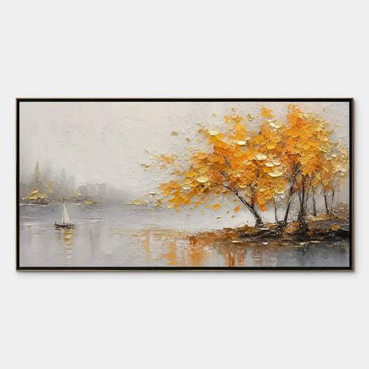 Autumn Lake Tree hand-painted gold and ivory textured tree painting