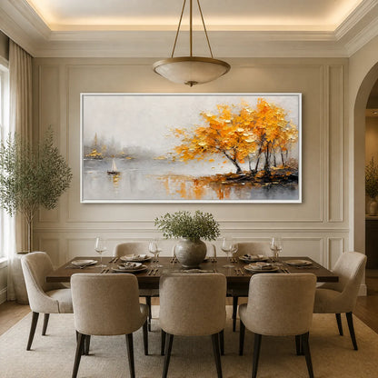 Autumn Lake Tree hand-painted gold and ivory textured tree painting