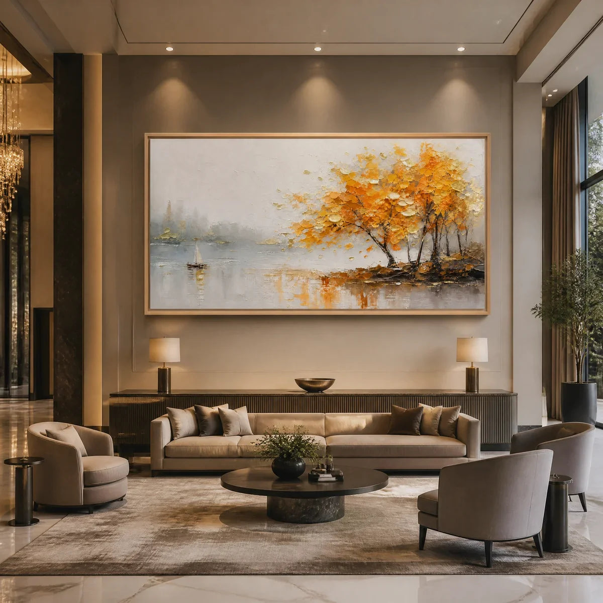 Autumn Lake Tree hand-painted gold and ivory textured tree painting