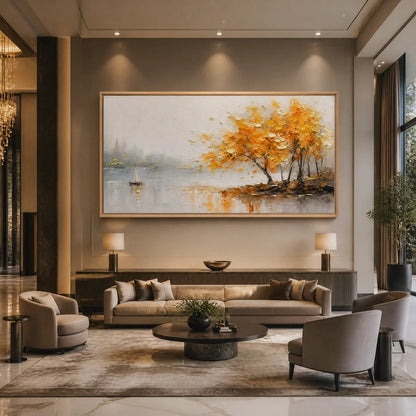 Autumn Lake Tree hand-painted gold and ivory textured tree painting