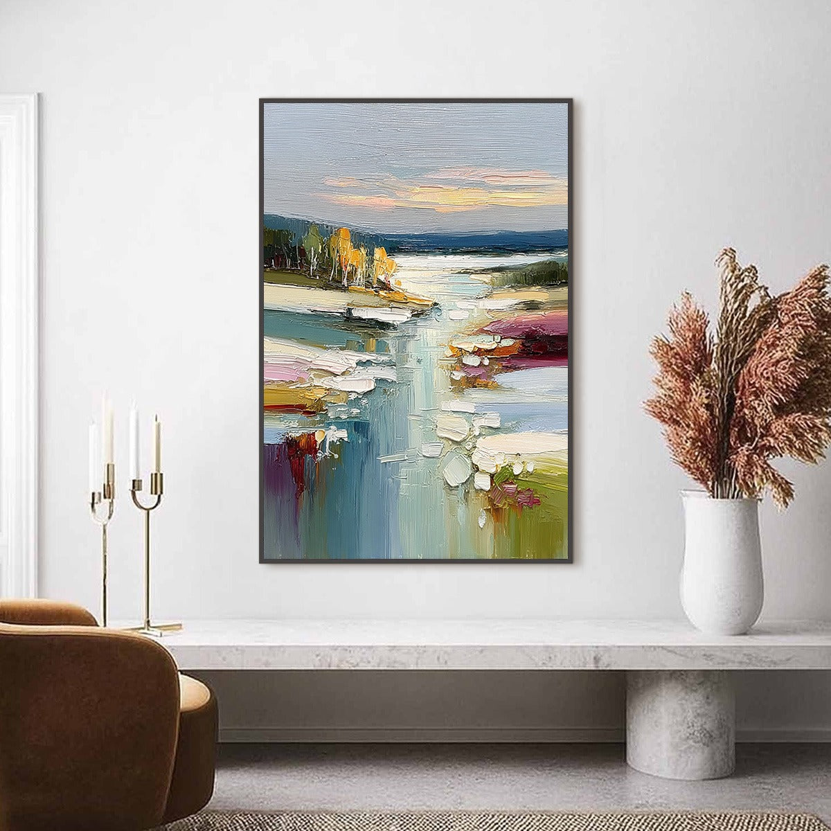 Autumn Reflections hand-painted ocean blue, ivory and soft neutral tones textured coastal landscape painting shown as stretched canvas