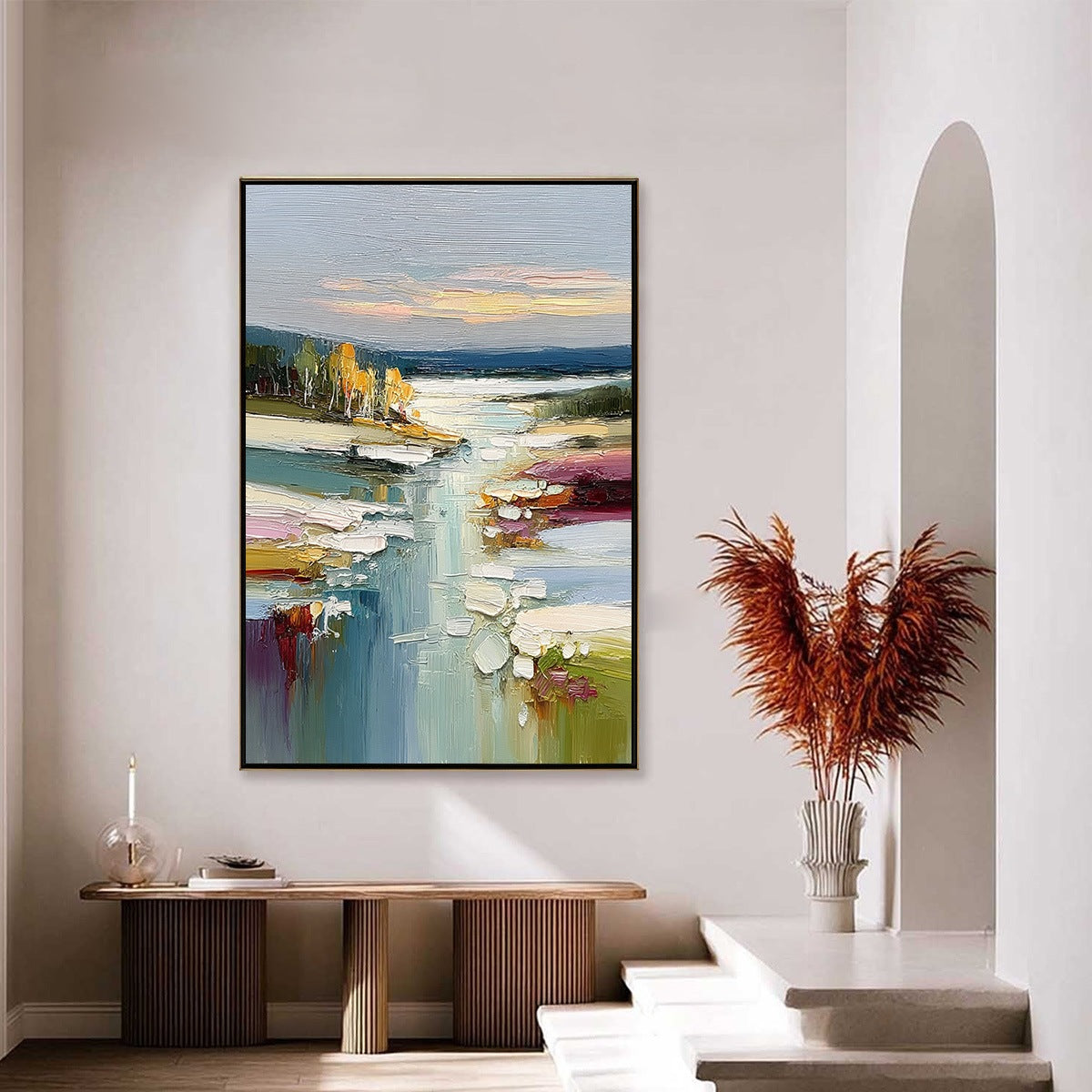 Autumn Reflections hand-painted ocean blue, ivory and soft neutral tones textured coastal landscape painting shown with silver frame