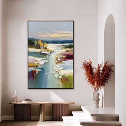 Autumn Reflections hand-painted ocean blue, ivory and soft neutral tones textured coastal landscape painting shown with silver frame